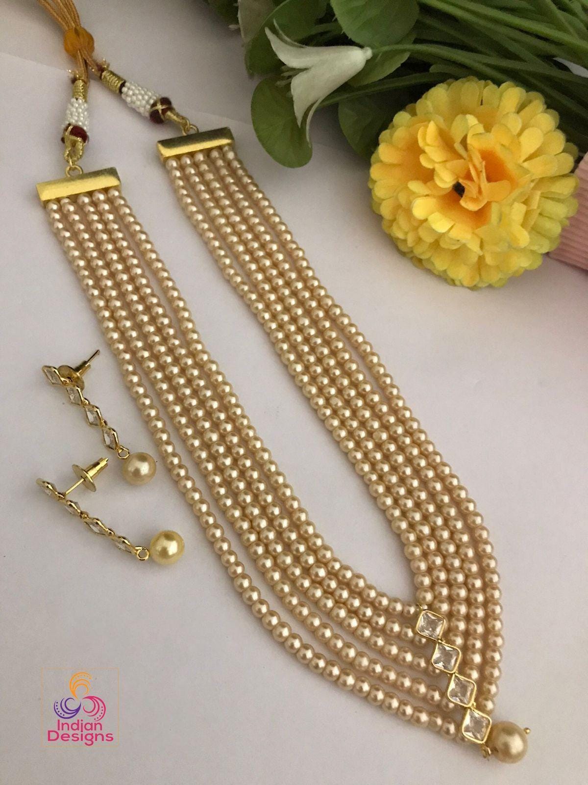 Multi strand pearl layered necklace| 5 strand rani haar with earrings| minimalist indian wedding necklace| ruby green stone| gift for her