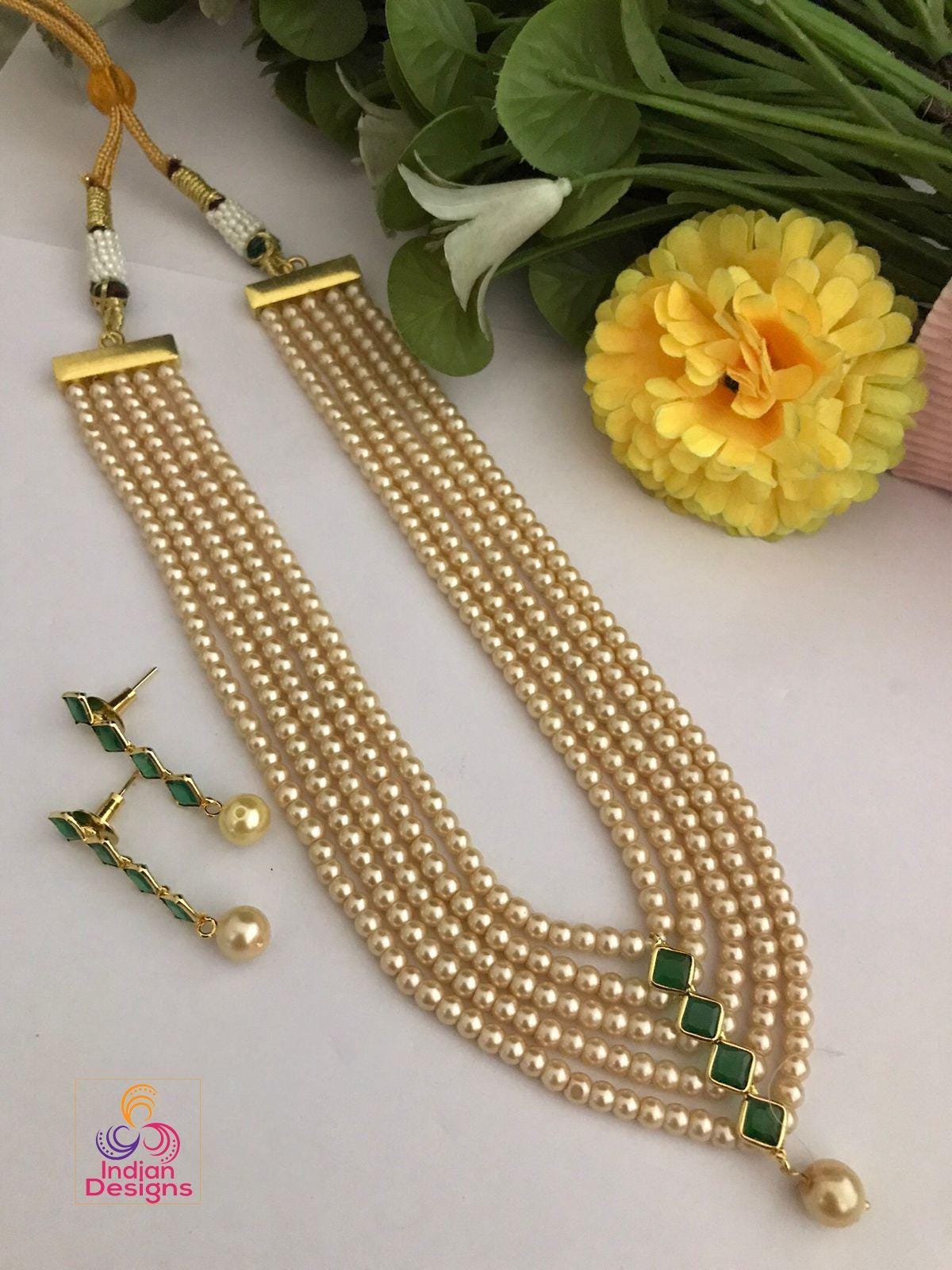 Multi strand pearl layered necklace| 5 strand rani haar with earrings| minimalist indian wedding necklace| ruby green stone| gift for her