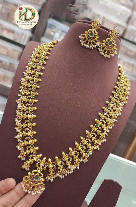 Traditional Gold Plated Temple Necklace Set with Green Ruby Stones & Pearls | South Indian Bridal Jewelry| Long Necklace set| Gift for her