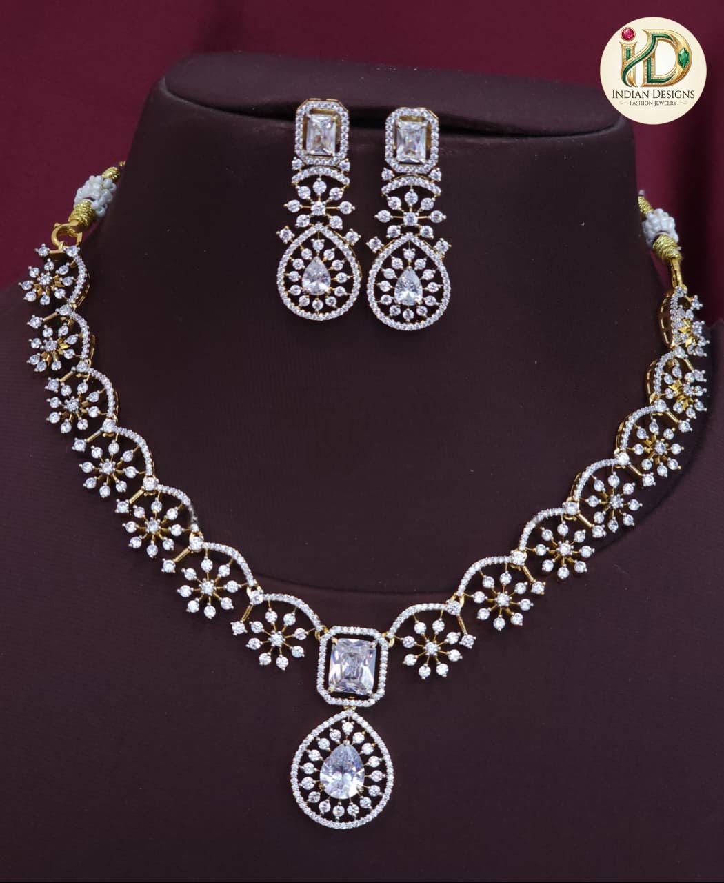 Gold Plated AD Necklace Set| Statement Necklace| Floral American Diamond Choker| Indian Wedding Jewelry| Bollywood Necklace| Gift for her