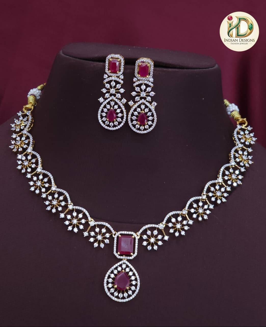 Gold Plated AD Necklace Set| Statement Necklace| Floral American Diamond Choker| Indian Wedding Jewelry| Bollywood Necklace| Gift for her