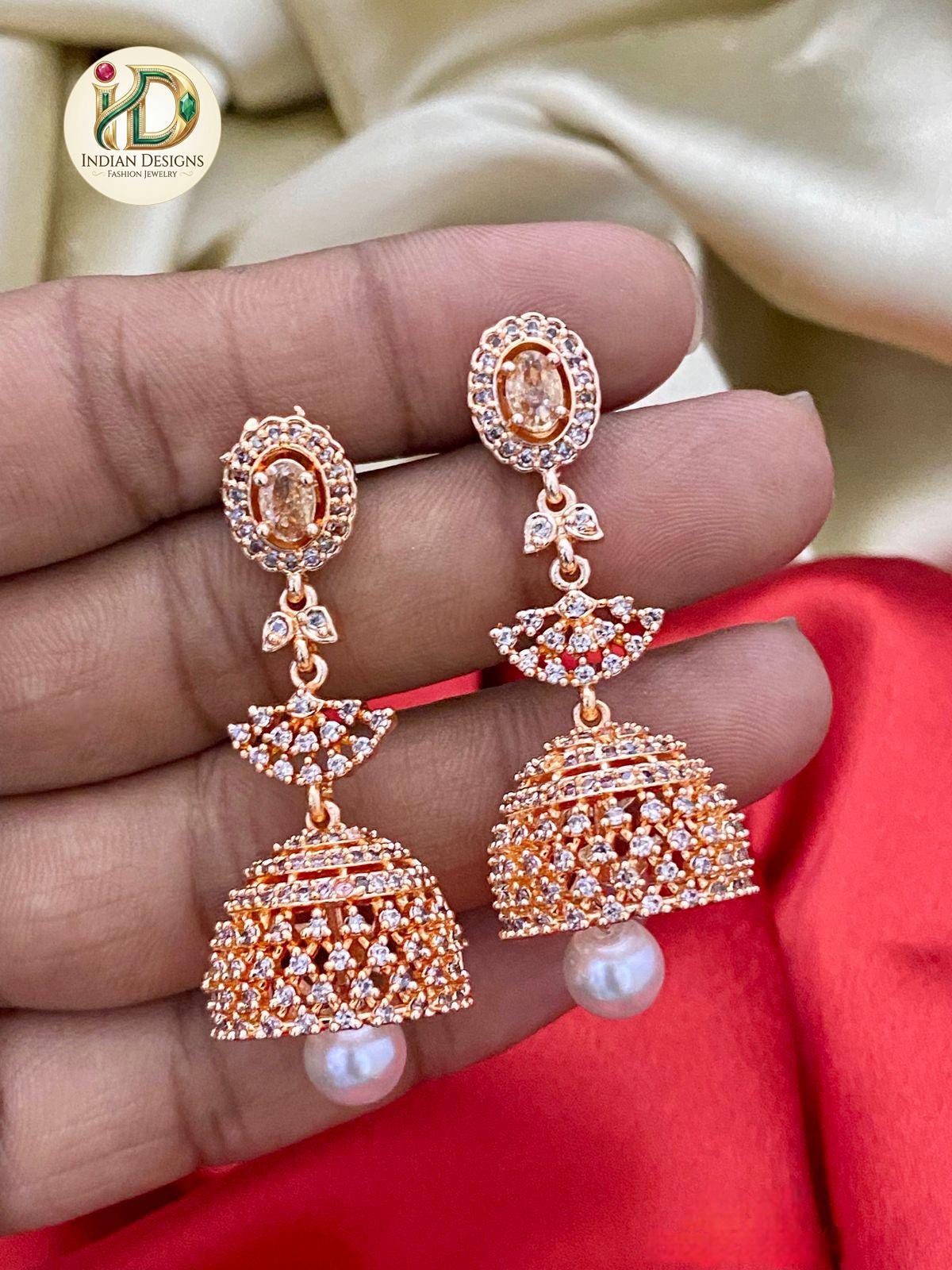 Rose Gold Jhumka Earrings with Emerald Green Stone| Statement Drop Earrings with Pearl Drop| Indian Jewelry| Pakistani Jhumki| Gift for her