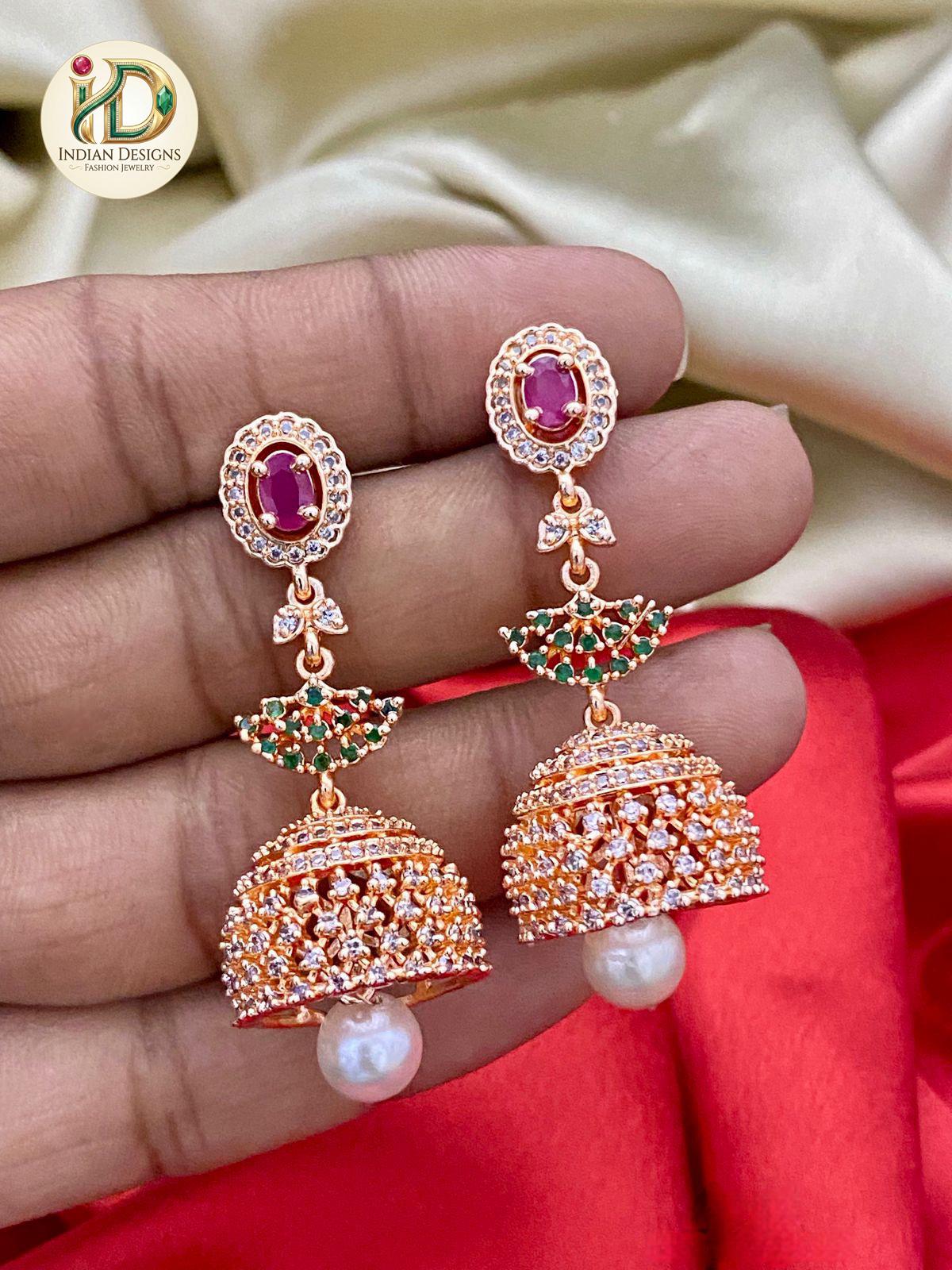 Rose Gold Jhumka Earrings with Emerald Green Stone| Statement Drop Earrings with Pearl Drop| Indian Jewelry| Pakistani Jhumki| Gift for her