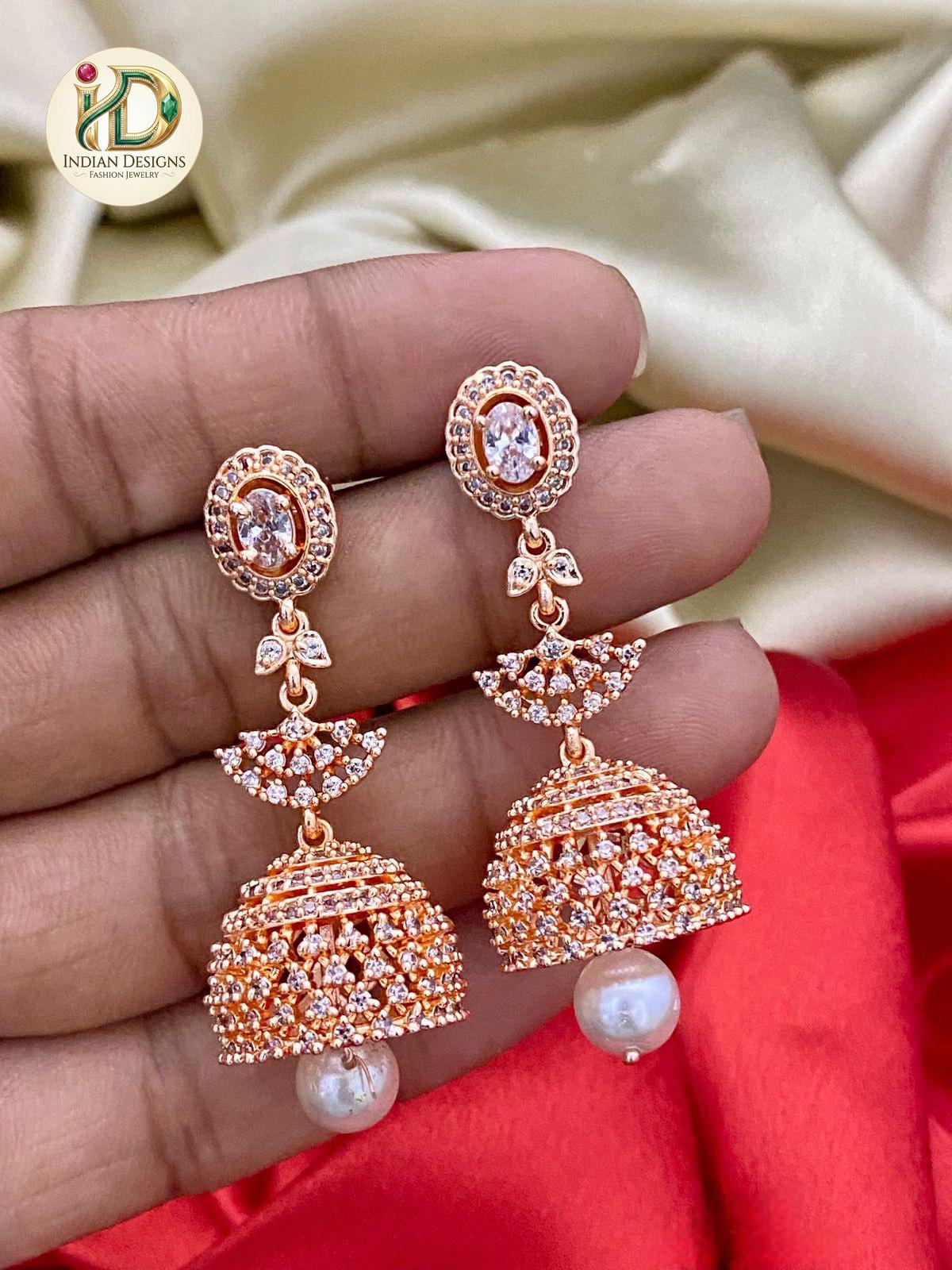 Rose Gold Jhumka Earrings with Emerald Green Stone| Statement Drop Earrings with Pearl Drop| Indian Jewelry| Pakistani Jhumki| Gift for her