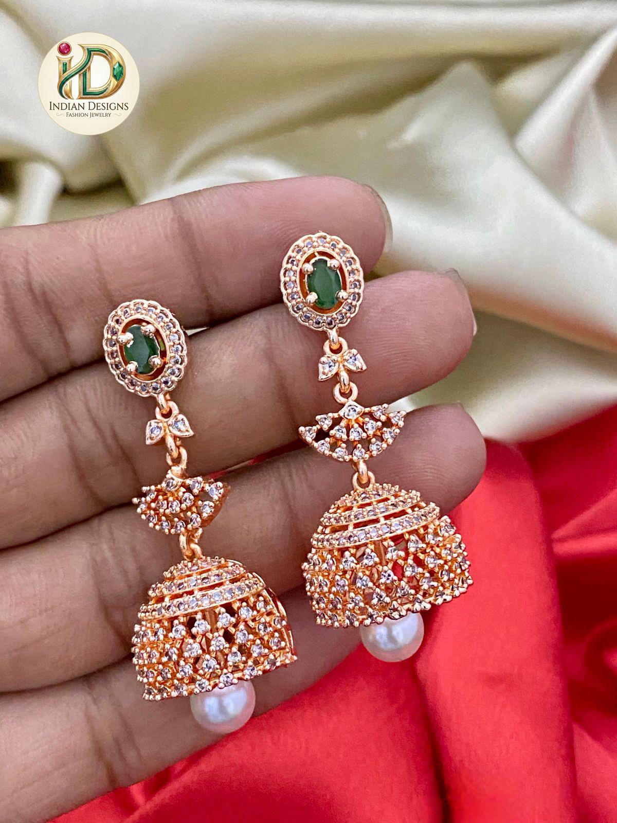 Rose Gold Jhumka Earrings with Emerald Green Stone| Statement Drop Earrings with Pearl Drop| Indian Jewelry| Pakistani Jhumki| Gift for her