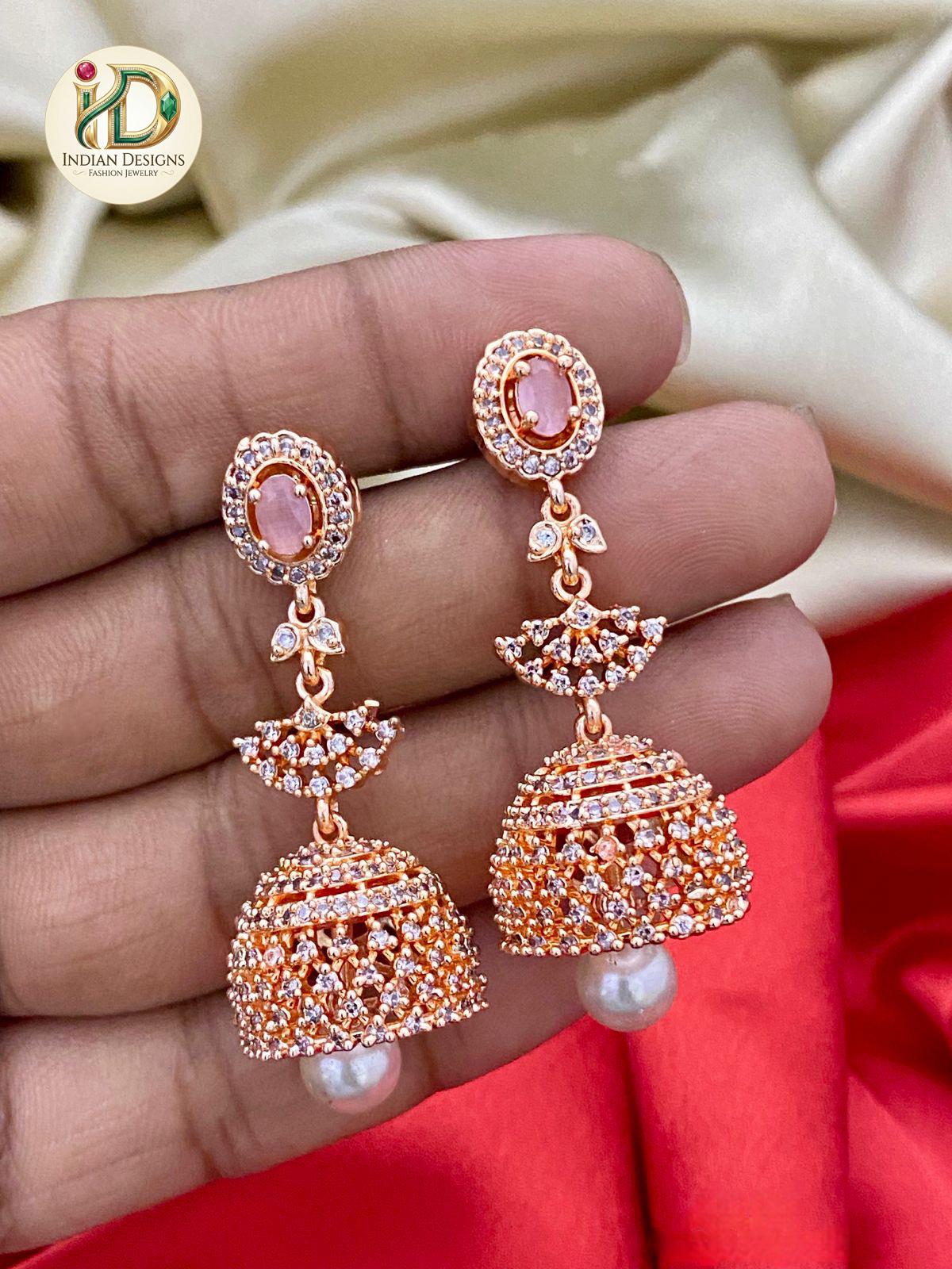 Rose Gold Jhumka Earrings with Emerald Green Stone| Statement Drop Earrings with Pearl Drop| Indian Jewelry| Pakistani Jhumki| Gift for her