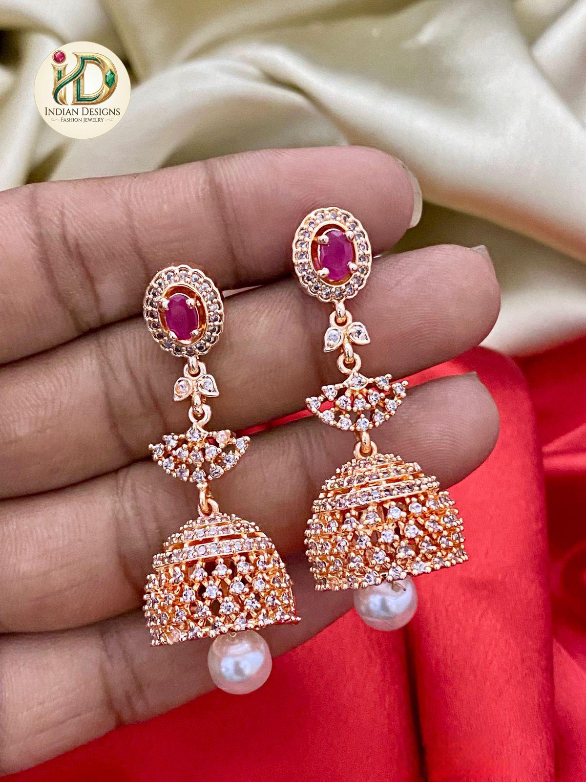 Rose Gold Jhumka Earrings with Emerald Green Stone| Statement Drop Earrings with Pearl Drop| Indian Jewelry| Pakistani Jhumki| Gift for her