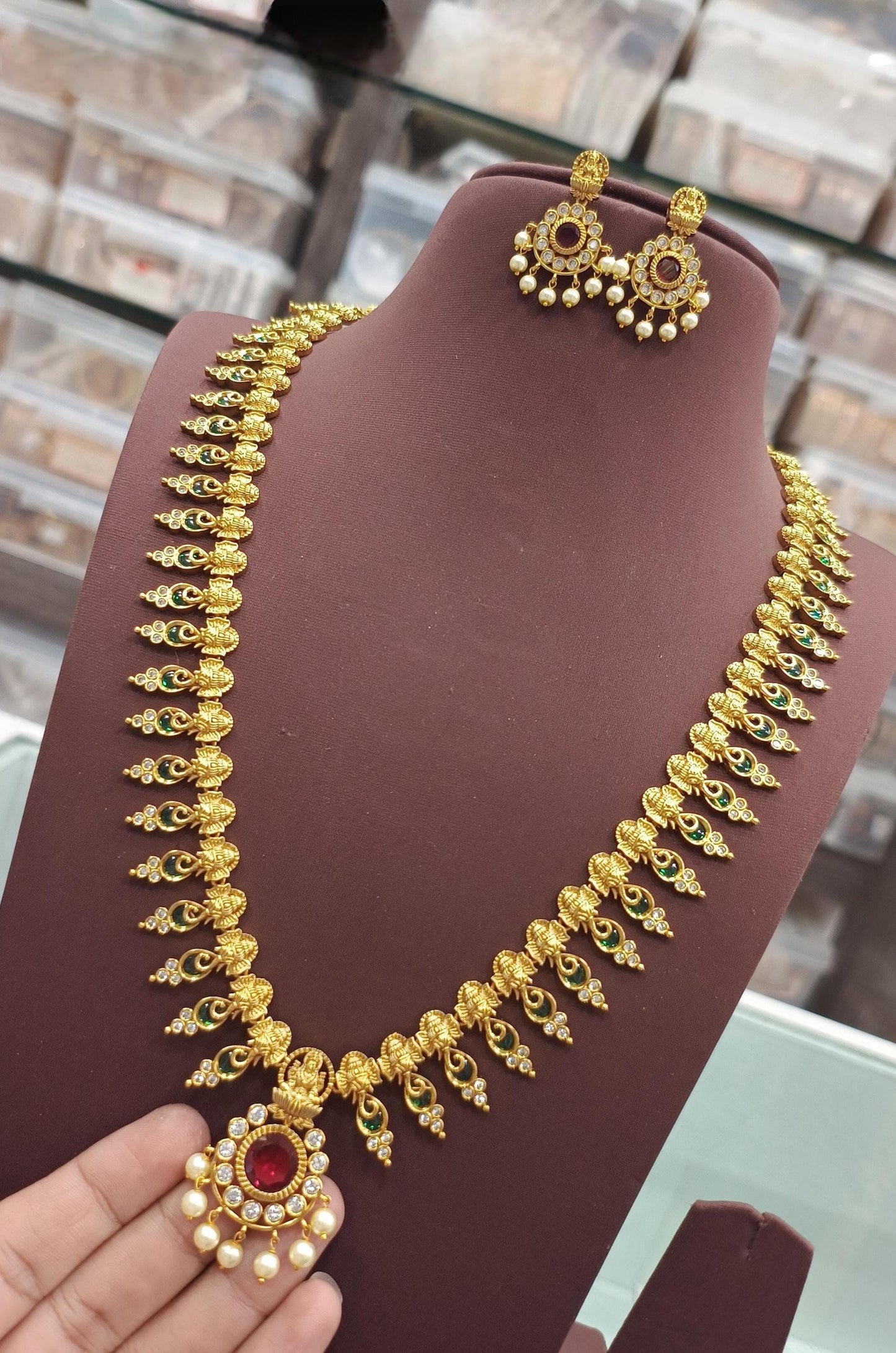 Matte Gold Long Necklace Set| South Indian Temple Jewelry| Ruby Emerald Stone Pendant Haar| Traditional Antique Gold Mala| Gift for her