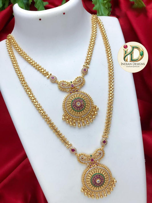Traditional South Indian Temple Jewelry Necklace Combo| 2-Piece Long & Short Haram Set| Antique Gold Set| Statement Necklace| Gift for Her