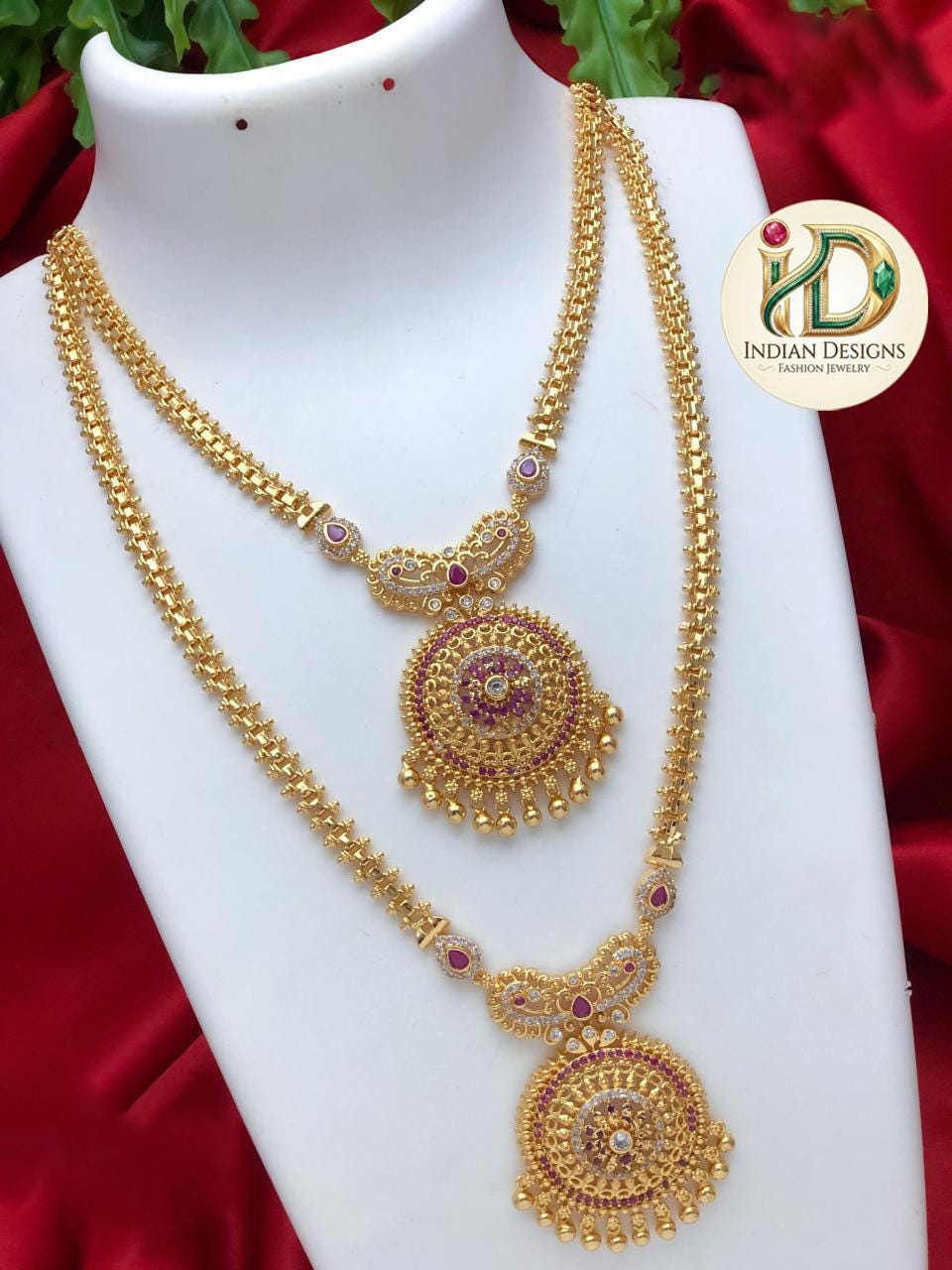 Traditional South Indian Temple Jewelry Necklace Combo| 2-Piece Long & Short Haram Set| Antique Gold Set| Statement Necklace| Gift for Her