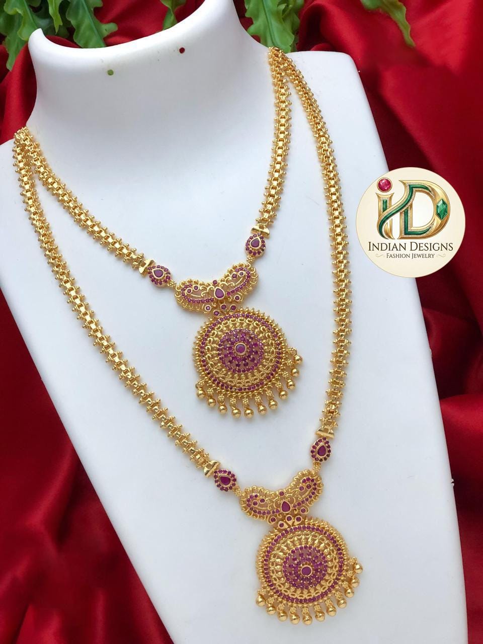 Traditional South Indian Temple Jewelry Necklace Combo| 2-Piece Long & Short Haram Set| Antique Gold Set| Statement Necklace| Gift for Her