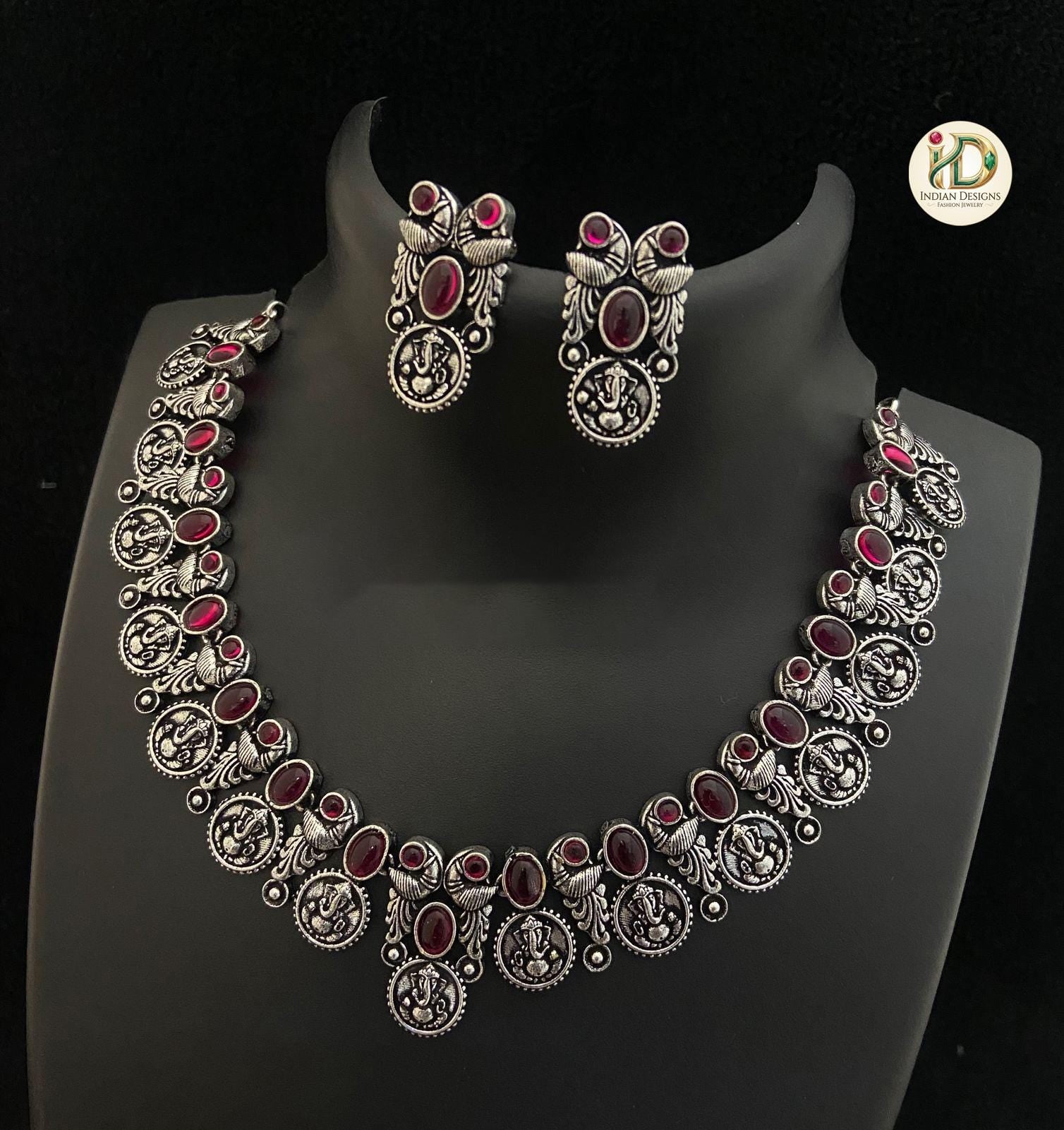 Oxidized Silver Ganesha Coin Necklace Set| German Silver Temple Jewelry| Indian Boho Choker| Tribal Necklace| Navratri Choker| Gift for her