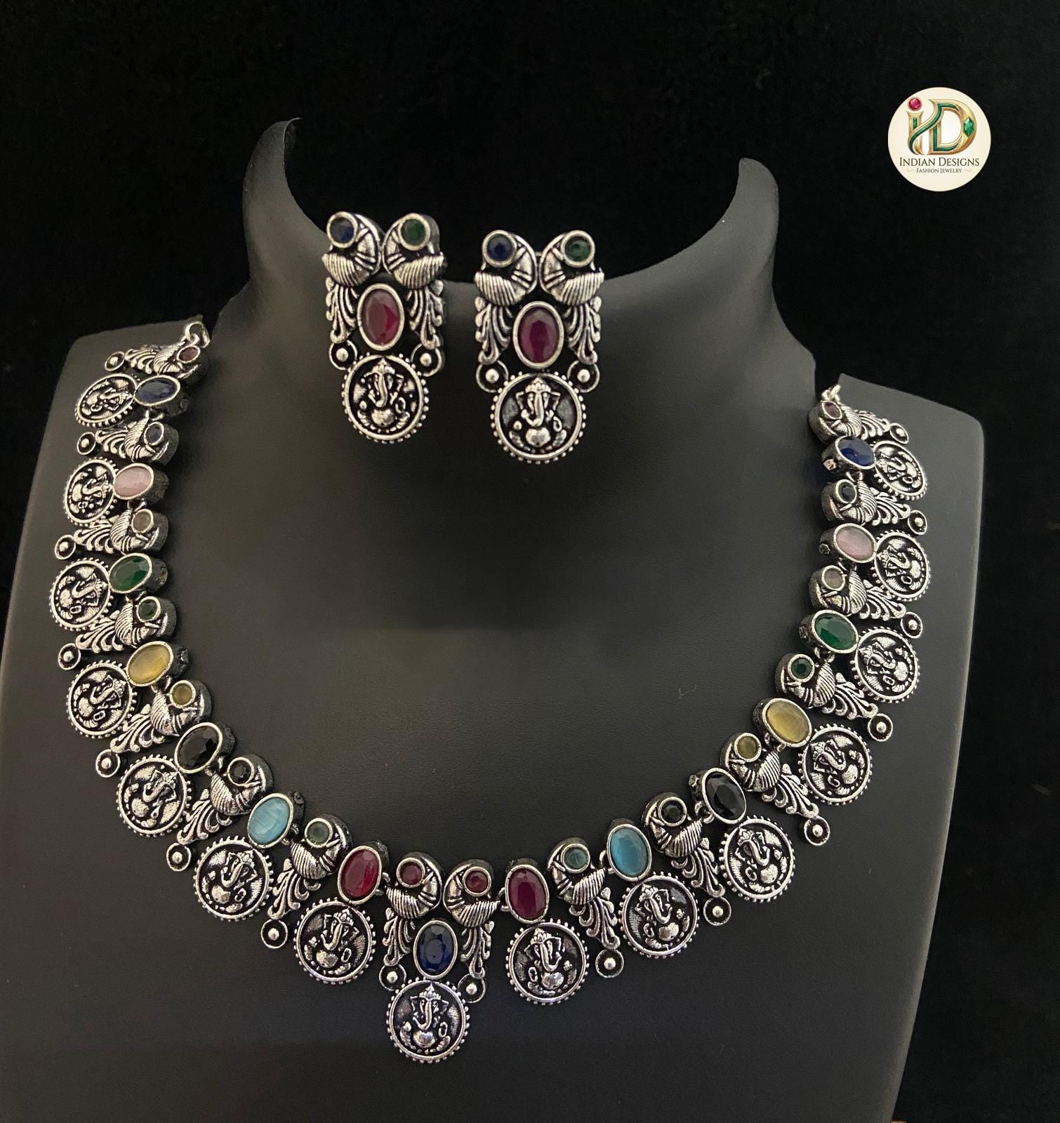 Oxidized Silver Ganesha Coin Necklace Set| German Silver Temple Jewelry| Indian Boho Choker| Tribal Necklace| Navratri Choker| Gift for her