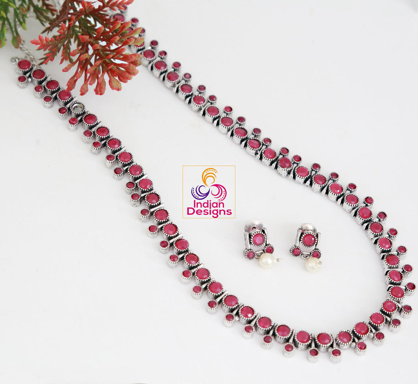 Oxidized long Necklace set | German Silver Indian Oxidized Necklace and Earrings Set in Turquoise, Emerald, and Ruby Tones | Boho Jewelry