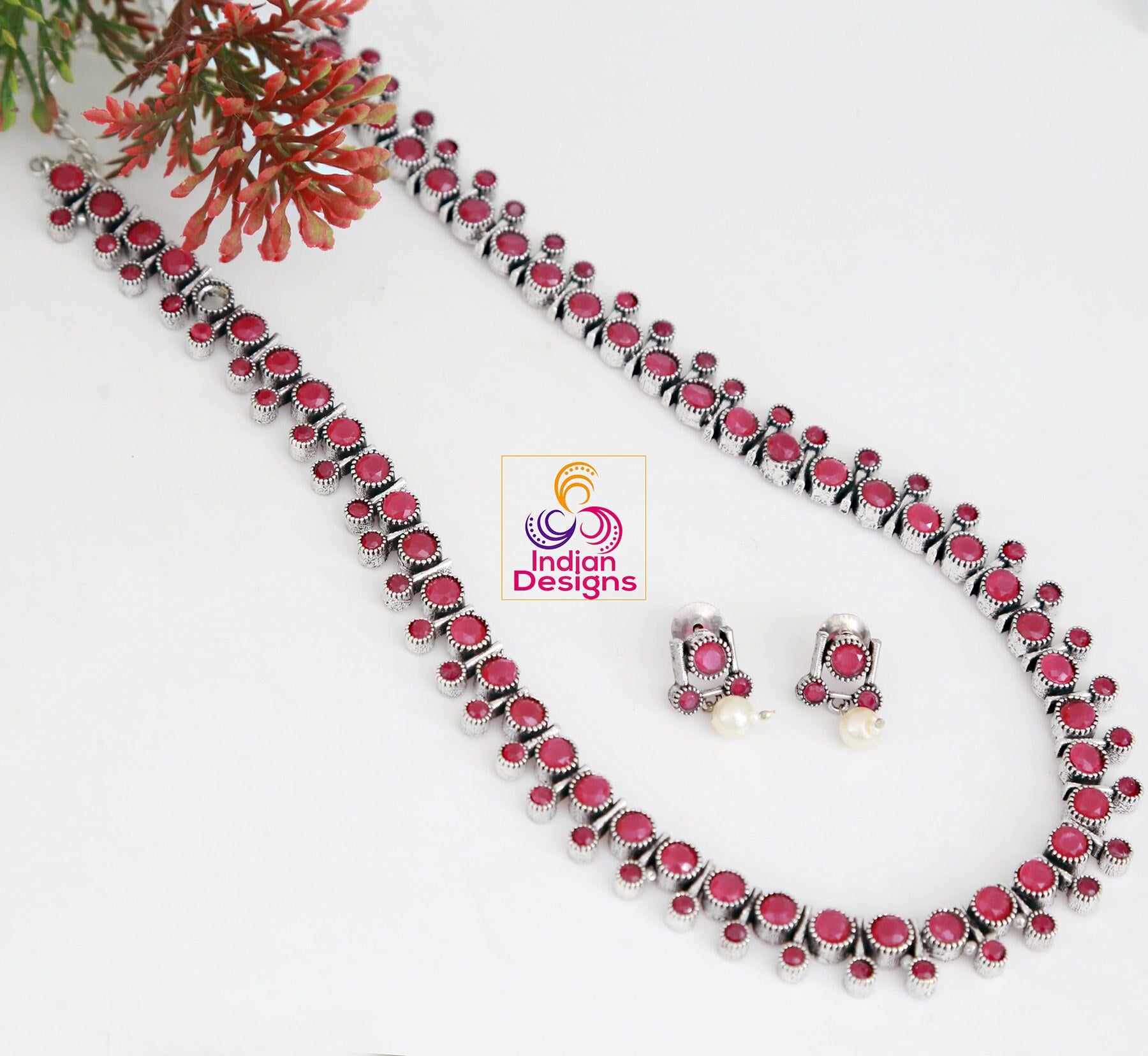 Oxidized long Necklace set | German Silver Indian Oxidized Necklace and Earrings Set in Turquoise, Emerald, and Ruby Tones | Boho Jewelry