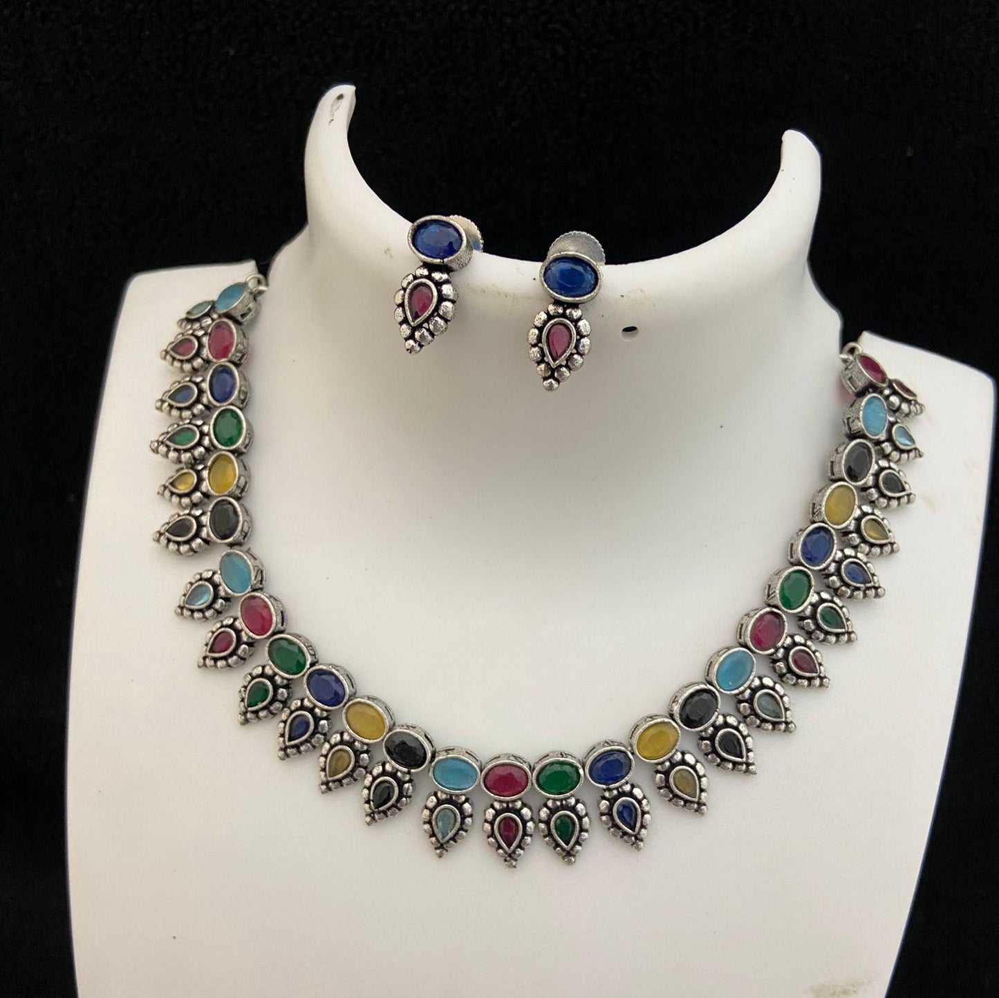 Oxidized silver necklace set | German silver necklace set India | Antique finish Silver choker Necklace | Black Polish American Diamond set