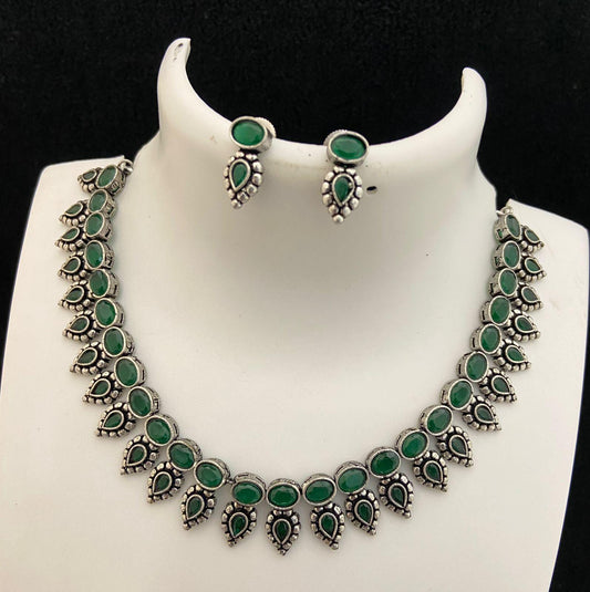 Oxidized silver necklace set | German silver necklace set India | Antique finish Silver choker Necklace | Black Polish American Diamond set