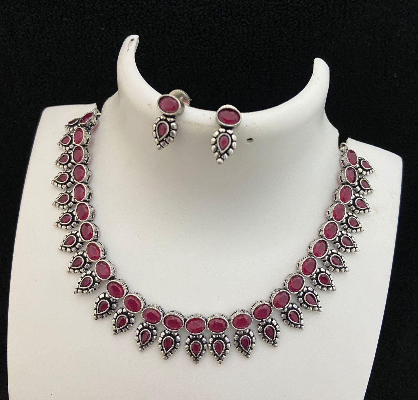 Oxidized silver necklace set | German silver necklace set India | Antique finish Silver choker Necklace | Black Polish American Diamond set