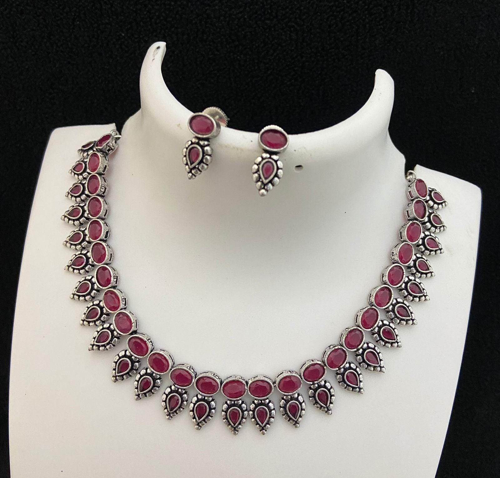 Oxidized silver necklace set | German silver necklace set India | Antique finish Silver choker Necklace | Black Polish American Diamond set