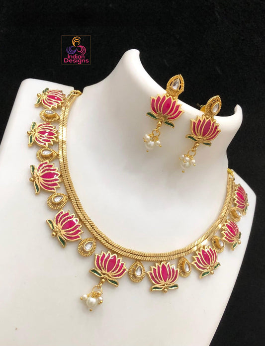 Lotus Choker Necklace Set| Enamel Gold Finish Jewelry| Pearl Drop Necklace with Earrings| Traditional South Indian Design style|Gift for her