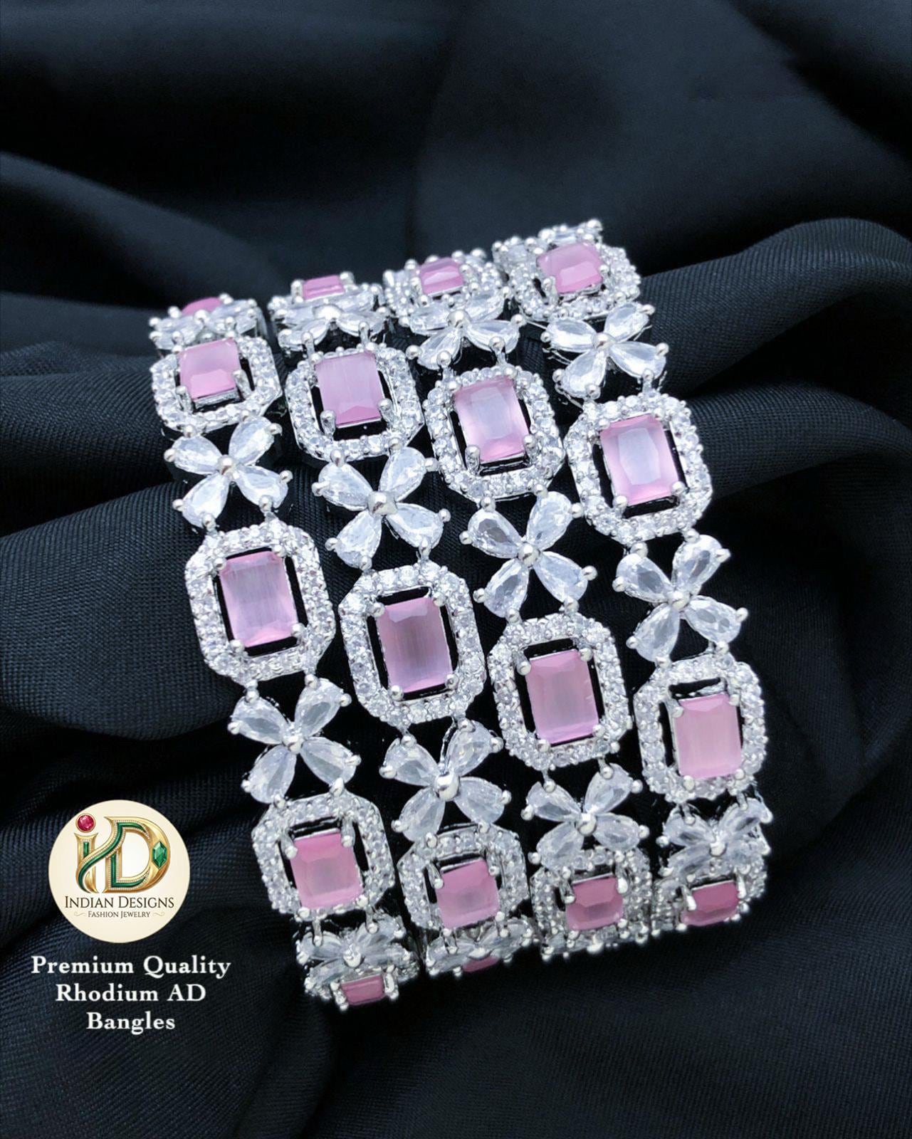 American diamond silver bangles set with pink cz stones & white crystals| baby pink oval stone indian style ad bangles 4 pcs| gift for her