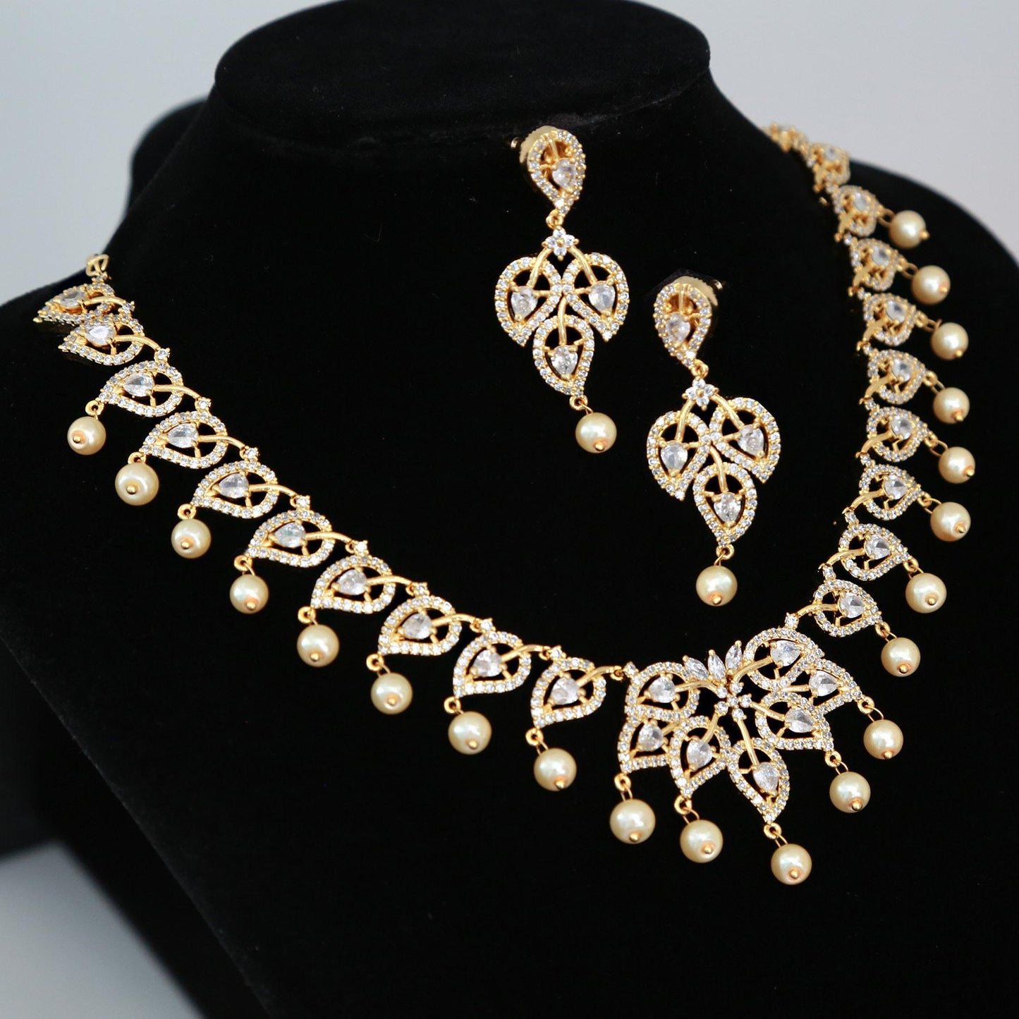 Gold-Plated American Diamond Necklace and Earrings Set with Ruby Accents and Pearls| CZ Diamond Topaz/Blue Sapphire Necklace| Gift for her