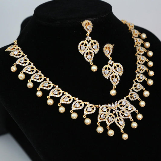 Gold-Plated American Diamond Necklace and Earrings Set with Ruby Accents and Pearls| CZ Diamond Topaz/Blue Sapphire Necklace| Gift for her