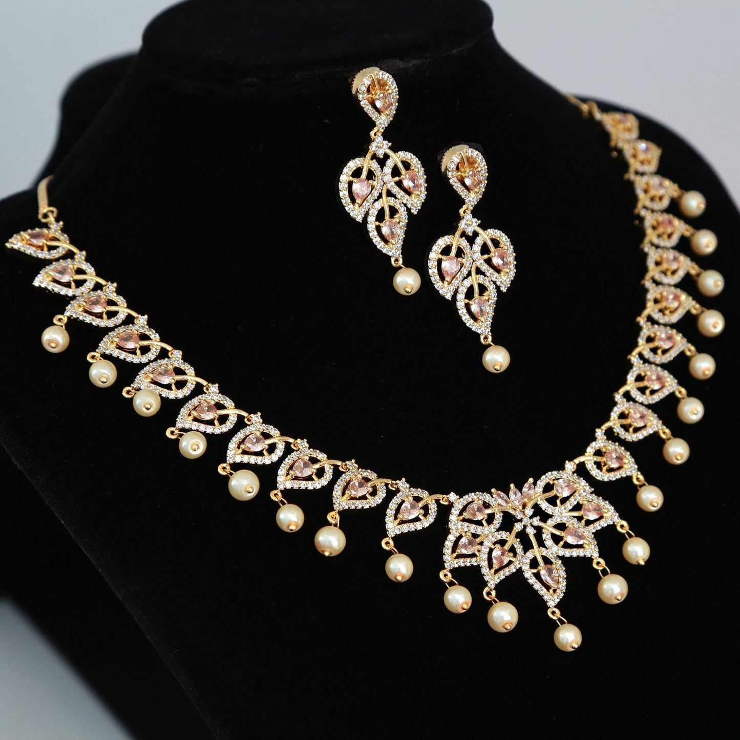Gold-Plated American Diamond Necklace and Earrings Set with Ruby Accents and Pearls| CZ Diamond Topaz/Blue Sapphire Necklace| Gift for her
