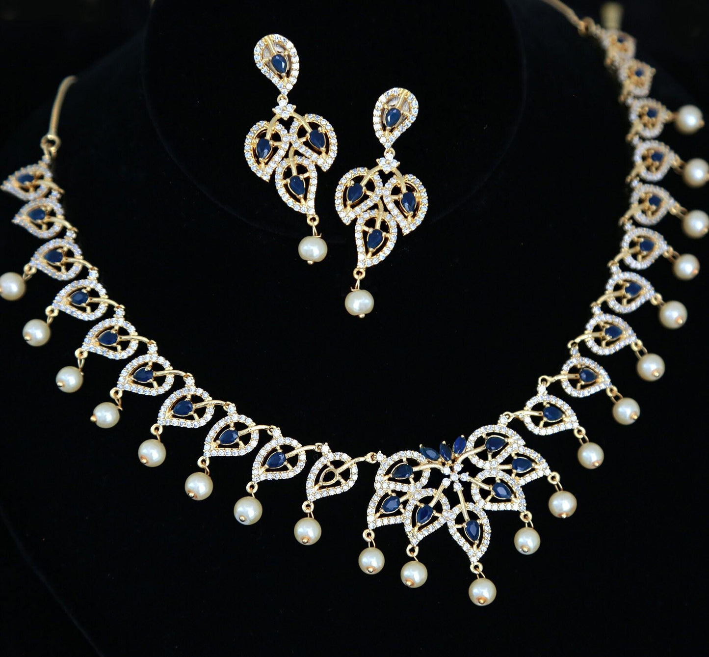 Gold-Plated American Diamond Necklace and Earrings Set with Ruby Accents and Pearls| CZ Diamond Topaz/Blue Sapphire Necklace| Gift for her