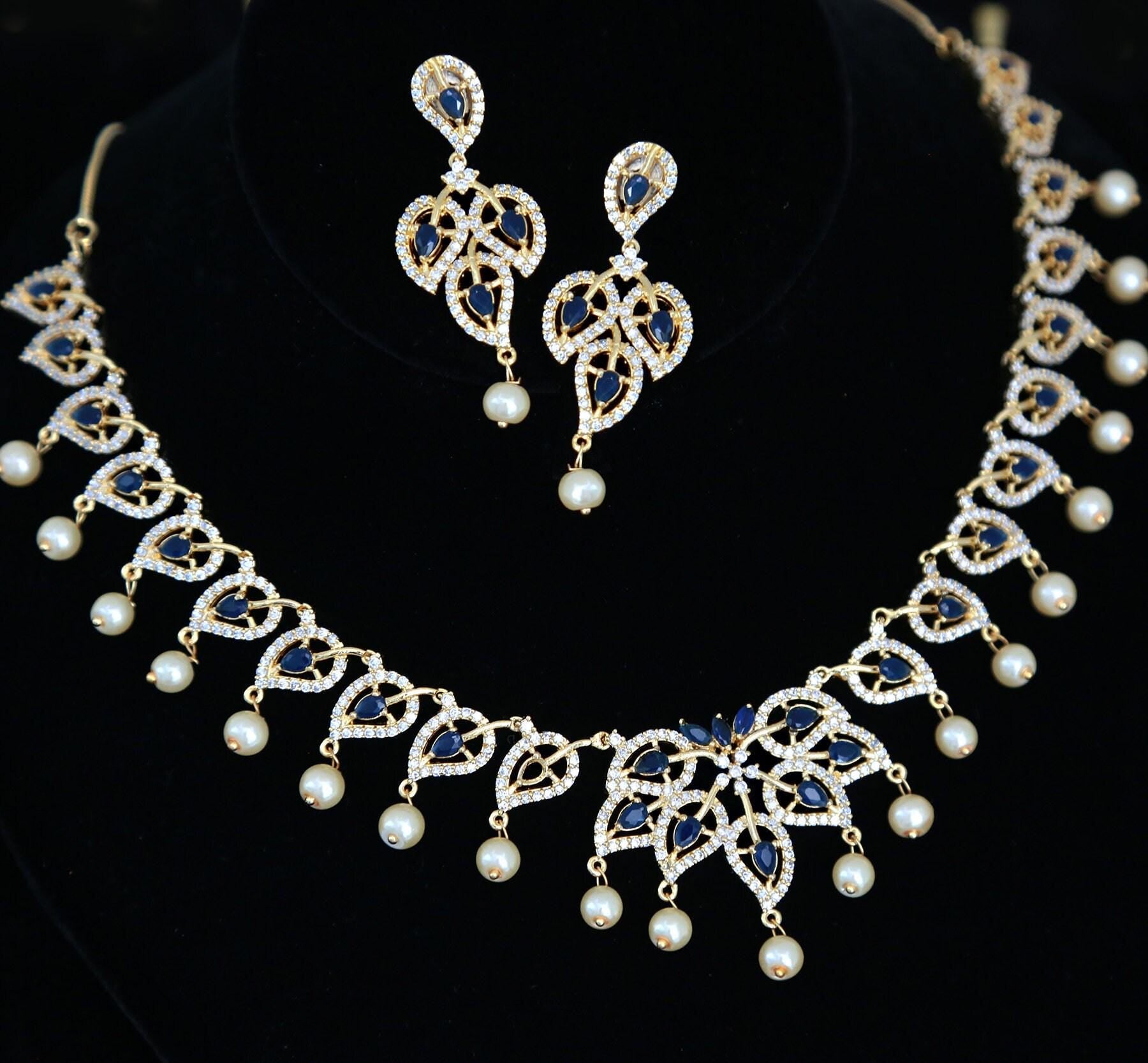 Gold-Plated American Diamond Necklace and Earrings Set with Ruby Accents and Pearls| CZ Diamond Topaz/Blue Sapphire Necklace| Gift for her