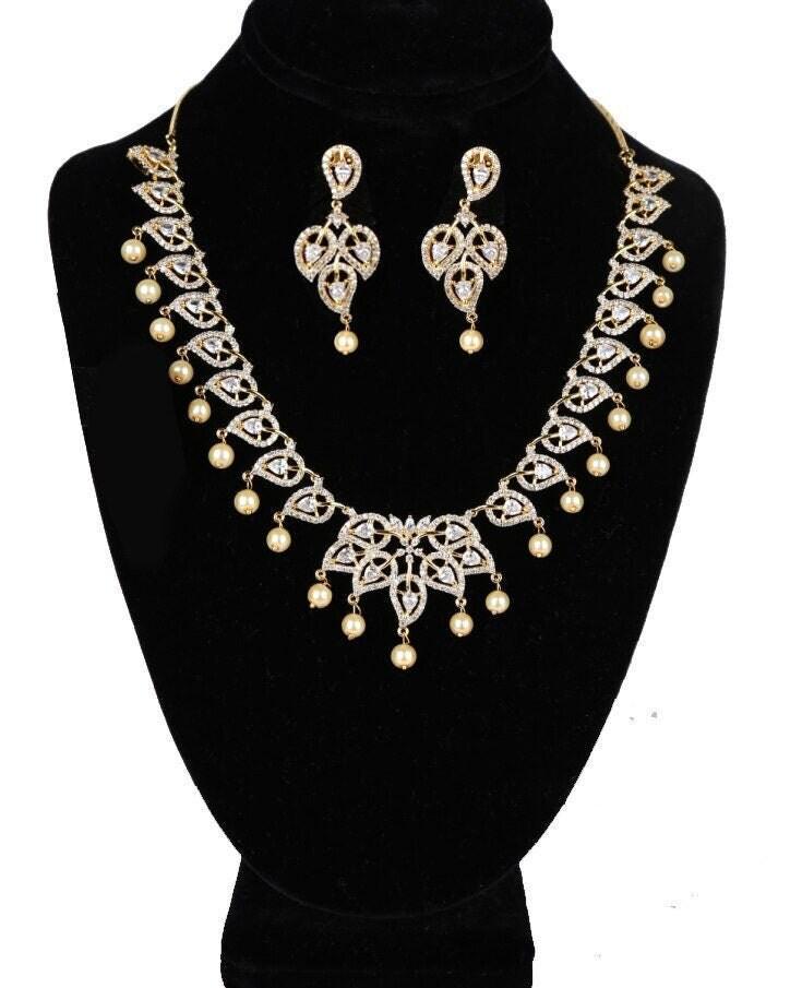Gold-Plated American Diamond Necklace and Earrings Set with Ruby Accents and Pearls| CZ Diamond Topaz/Blue Sapphire Necklace| Gift for her