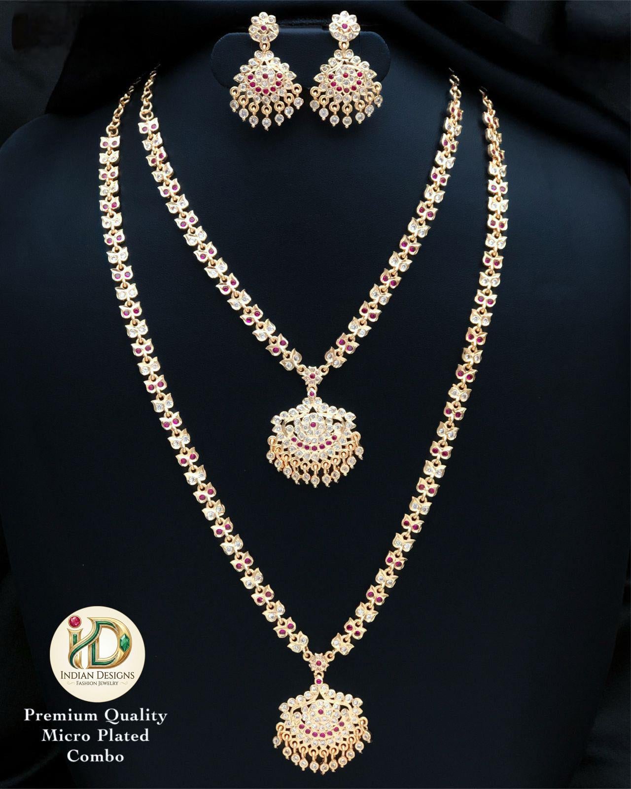 Gold-Plated Attigai Necklace & Earrings with CZ Stones| AD stone Long-short necklace combo| South Indian style Wedding Jewelry| gift for her