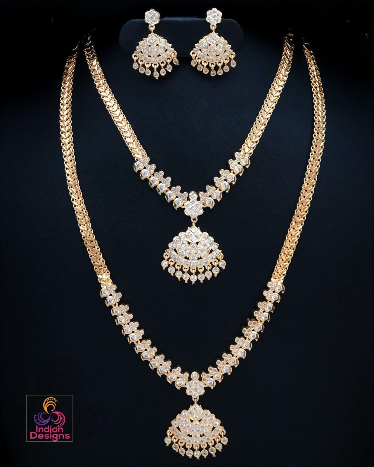 Gold-Plated Attigai Necklace & Earrings with CZ Stones| AD stone Long-short necklace combo| South Indian style Wedding Jewelry| gift for her