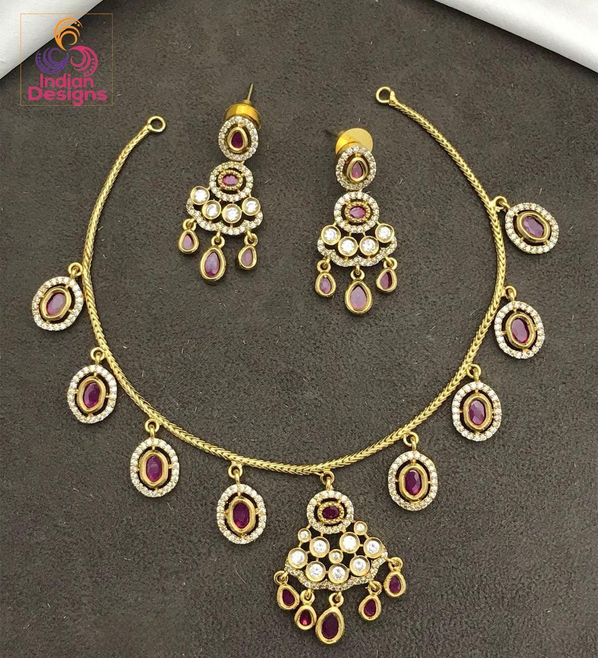 Indian choker necklace set| gold plated ad stone ruby emerald oval drop jewelry| traditional festive & wedding wear jewelry| gift for her