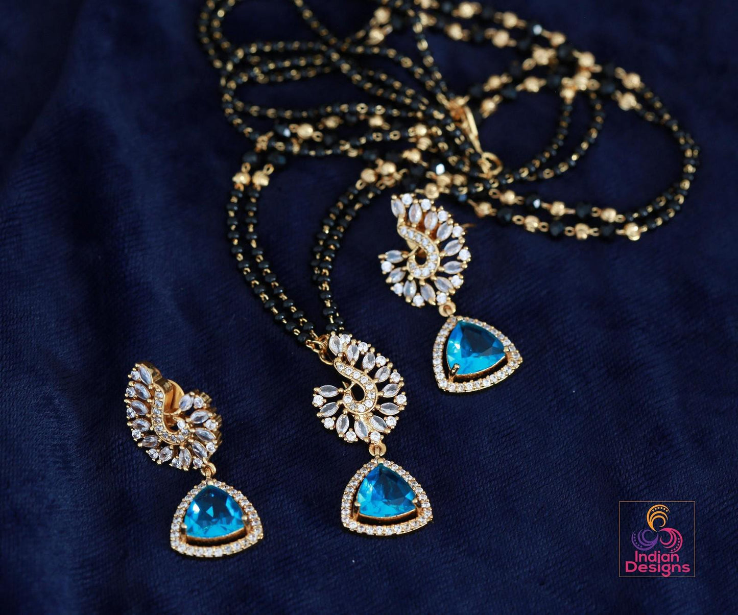 Minimalist Black Beaded Necklace Set| Gold Plated Multi-Color Stone Pendant & Earrings| Modern Traditional Indian Jewelry| Gift for her