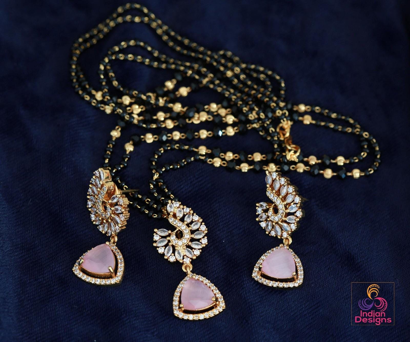 Minimalist Black Beaded Necklace Set| Gold Plated Multi-Color Stone Pendant & Earrings| Modern Traditional Indian Jewelry| Gift for her