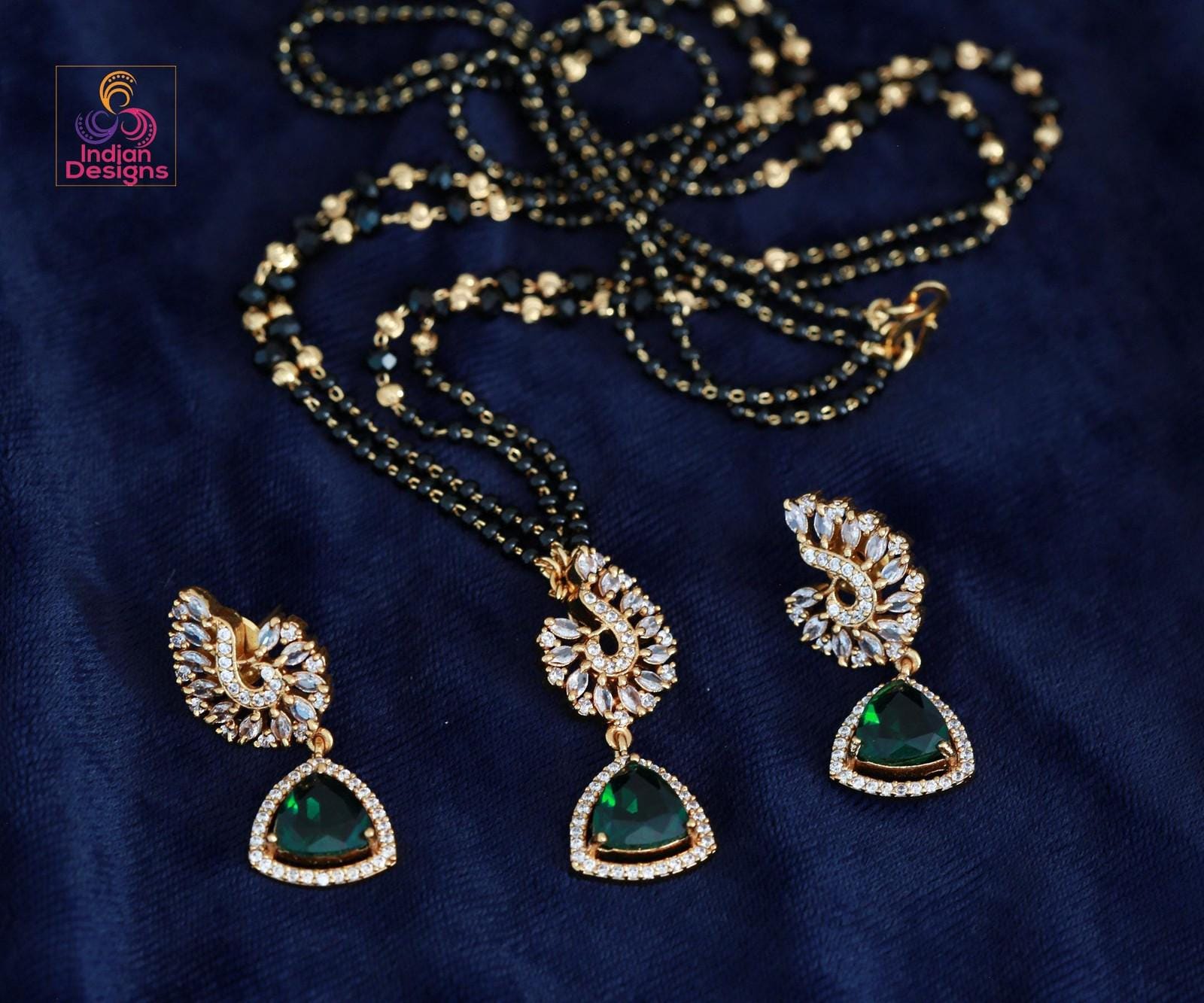 Minimalist Black Beaded Necklace Set| Gold Plated Multi-Color Stone Pendant & Earrings| Modern Traditional Indian Jewelry| Gift for her