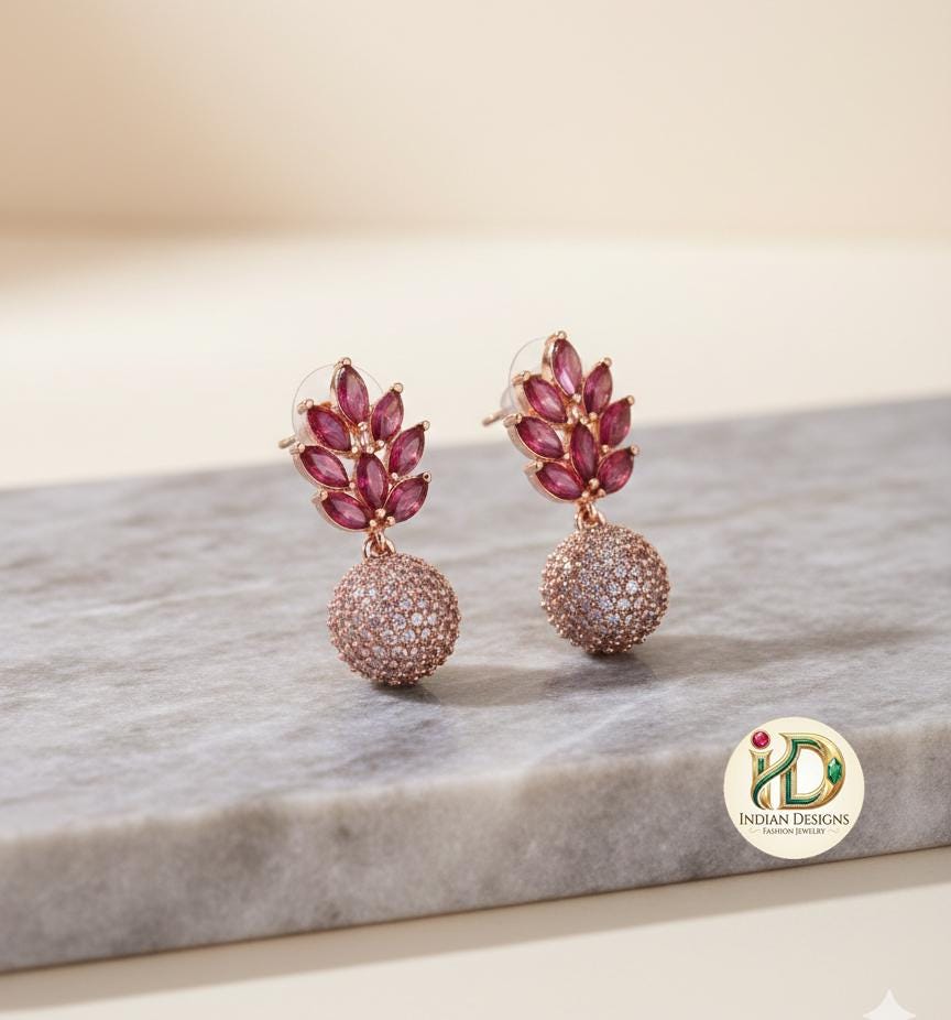 Rose Gold Micro Pavé Ball Drop Earrings| Sparkling CZ Marquise Leaf Dangle Earrings| Elegant Rose Gold Earrings for Weddings| Gift for her