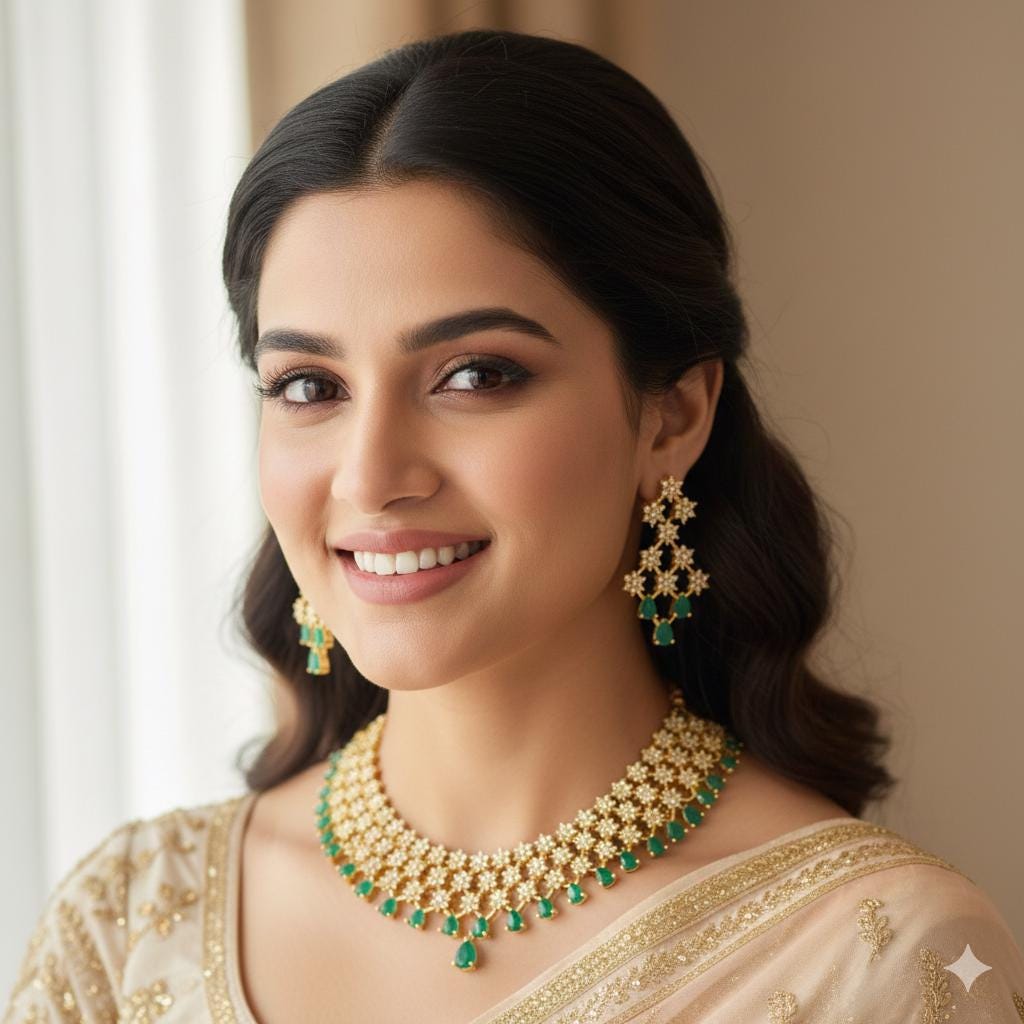 Bollywood White Crystal Triple Rows Star Intricate Design with Green CZ Necklace|American Diamond Jewelry|Indian Wedding Bridal Necklace