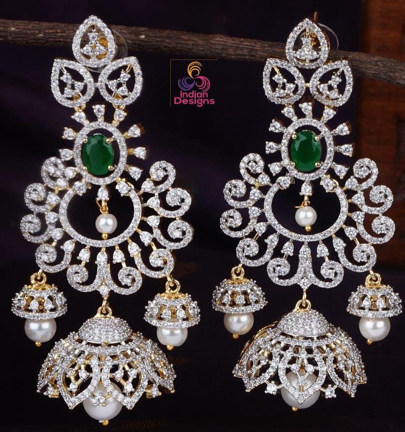 American diamond jhumka earrings| cz american diamond long jhumka drop earrings| ruby green purple stone jhumkis| indian party wear earrings