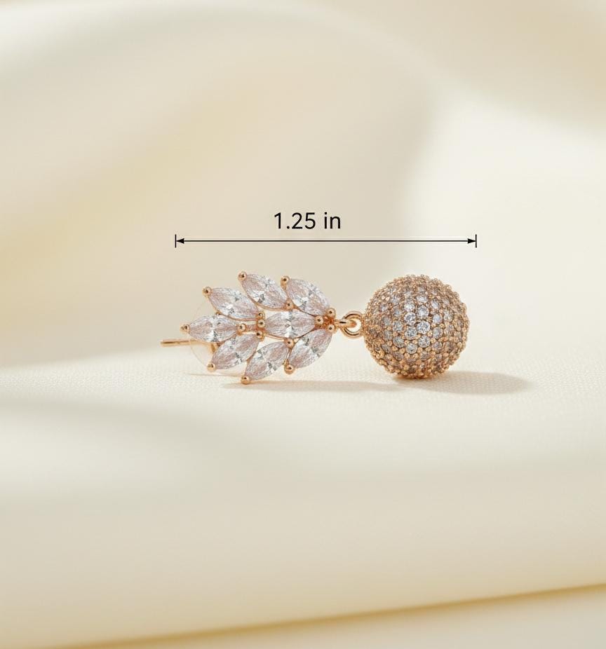 Rose Gold Micro Pavé Ball Drop Earrings| Sparkling CZ Marquise Leaf Dangle Earrings| Elegant Rose Gold Earrings for Weddings| Gift for her