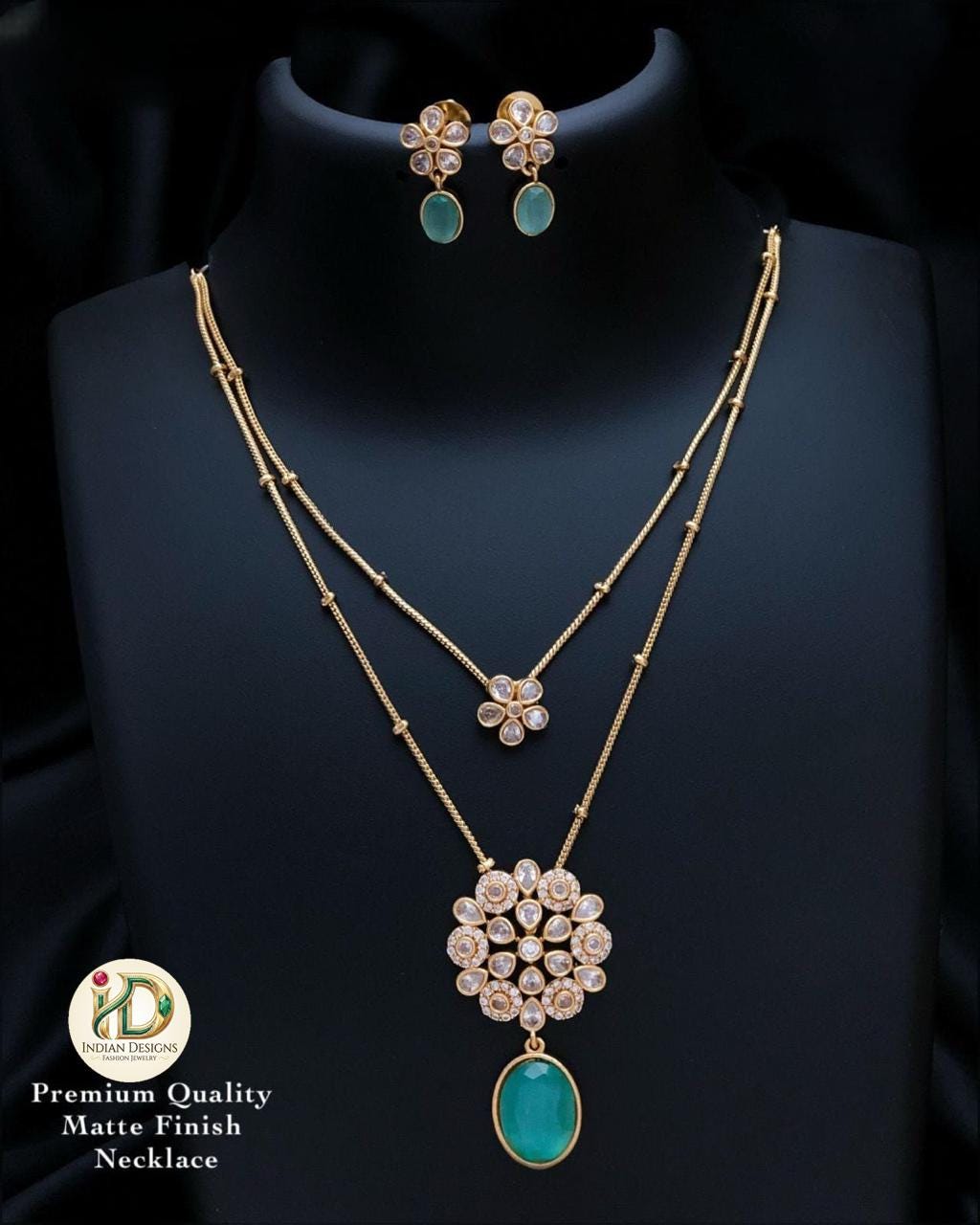 Matte Gold AD stone Double Layered Necklace Set| Indian Jewelry Set| Double Chain Floral Pendant Necklace| gift for her