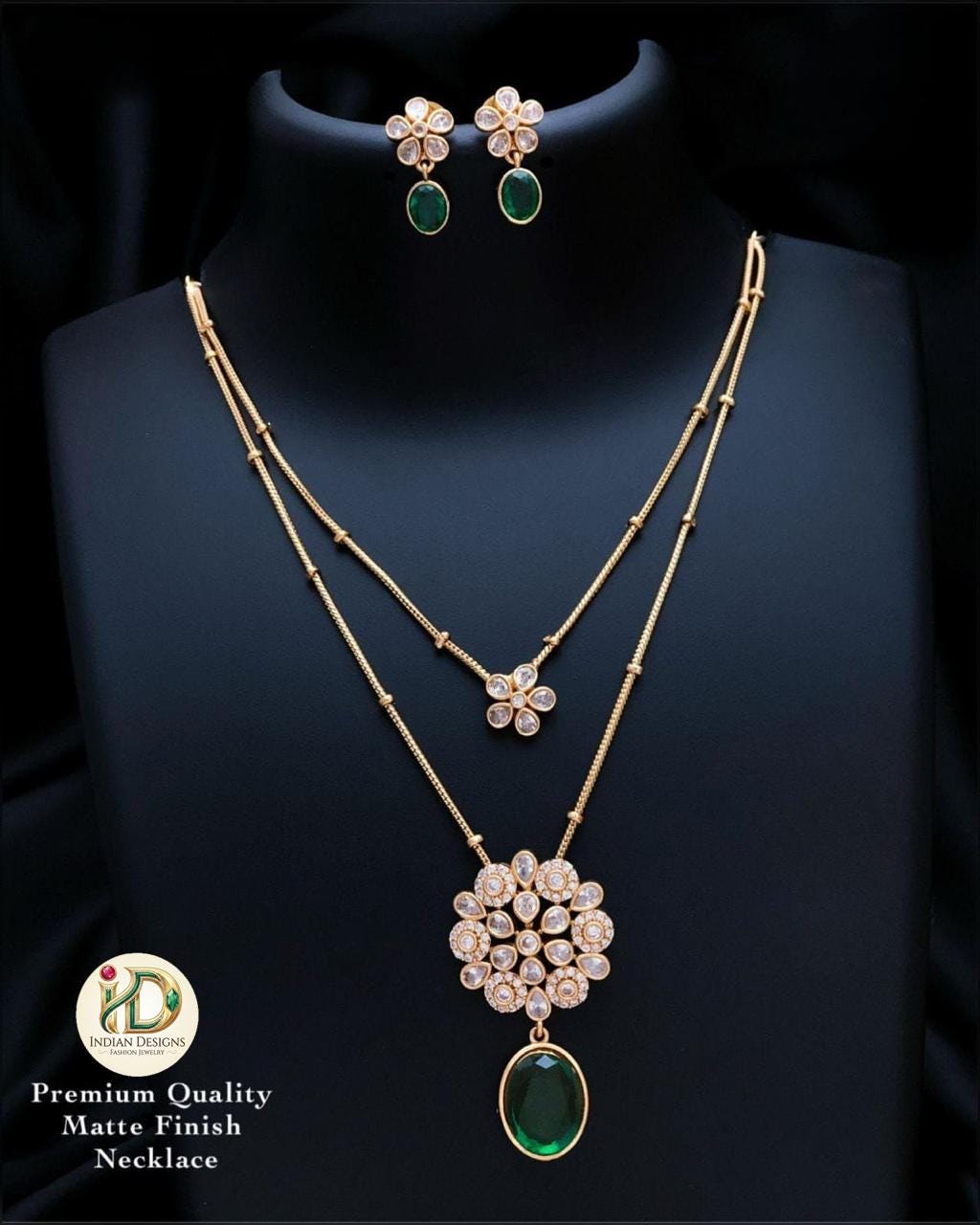 Matte Gold AD stone Double Layered Necklace Set| Indian Jewelry Set| Double Chain Floral Pendant Necklace| gift for her