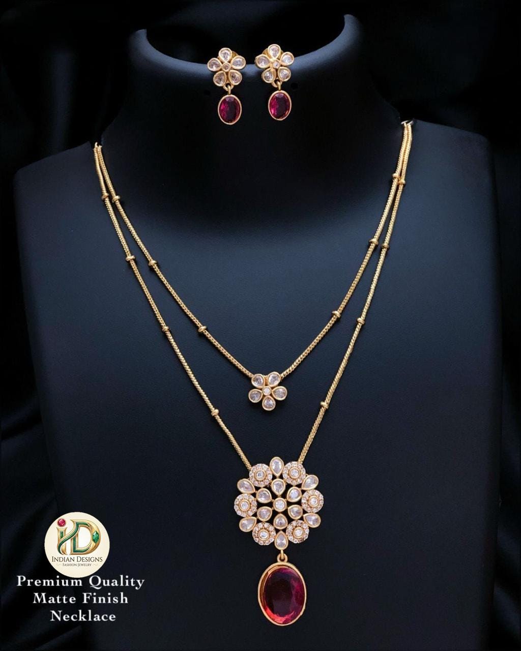 Matte Gold AD stone Double Layered Necklace Set| Indian Jewelry Set| Double Chain Floral Pendant Necklace| gift for her