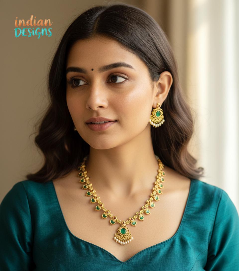 Indian Ruby Emerald Necklace short Set| Gold Plated Palakka mala AD Stone & Pearl Drop Traditional South Indian Wedding Jewelry|Gift for her