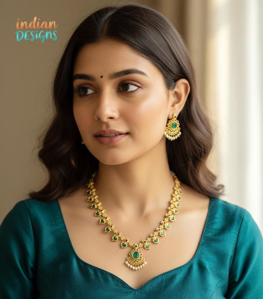 Indian Ruby Emerald Necklace short Set| Gold Plated Palakka mala AD Stone & Pearl Drop Traditional South Indian Wedding Jewelry|Gift for her