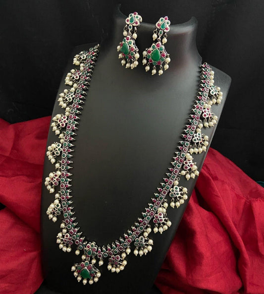 German Silver Oxidized Indian Jewelry Long Necklace Earring set, Antique Silver Wedding necklace with pearl hangings, Boho Jewelry set