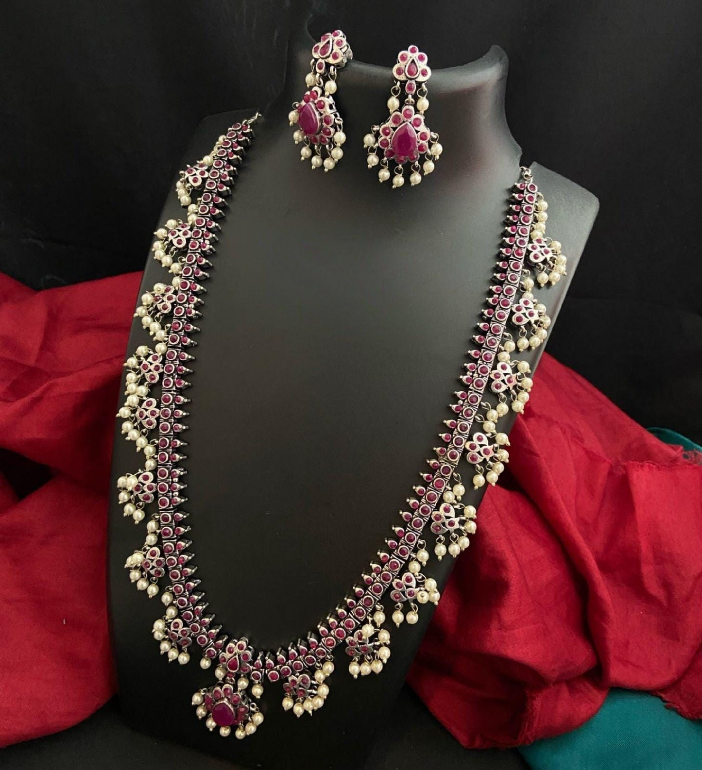 German Silver Oxidized Indian Jewelry Long Necklace Earring set, Antique Silver Wedding necklace with pearl hangings, Boho Jewelry set
