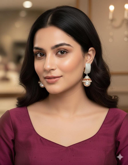 AD Gold Pearl Jhumka Earrings| Pearl Drop Jhumki| Earrings with Ruby Accent| Statement Boho Wedding Jewelry| Gift for her