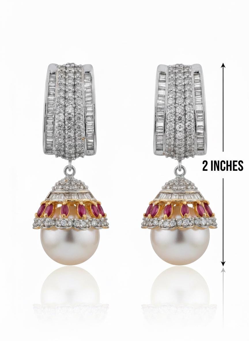 AD Gold Pearl Jhumka Earrings| Pearl Drop Jhumki| Earrings with Ruby Accent| Statement Boho Wedding Jewelry| Gift for her